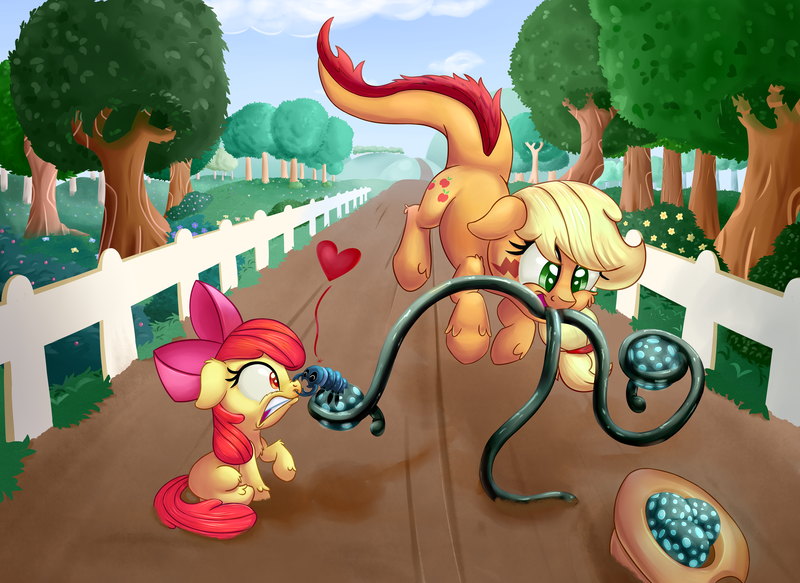 Size: 3000x2185 | Tagged: safe, artist:discorded, derpibooru import, apple bloom, applejack, monster pony, original species, tatzlpony, applejack loves chaurus eggs, chaurus, cowboy hat, egg, hat, heart, pinch, stetson, tatzljack, tentacle tongue, tentacles, the elder scrolls