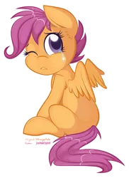 Size: 945x1299 | Tagged: artist:jcosneverexisted, artist:strangiesleepy, collaboration, crying, dead source, derpibooru import, safe, scootaloo, simple background, solo, transparent background