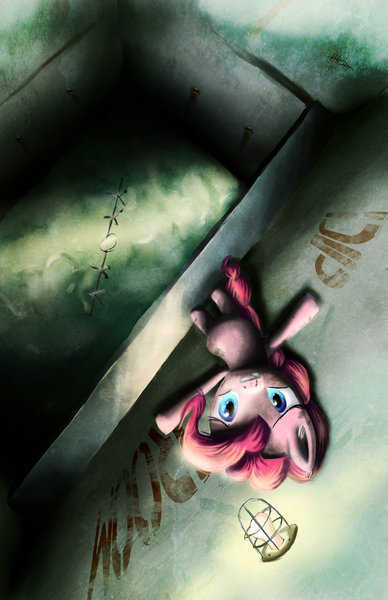 Size: 1618x2500 | Tagged: semi-grimdark, artist:fox-moonglow, derpibooru import, pinkie pie, earth pony, pony, against wall, bipedal, crossover, dip, scared, solo, who framed roger rabbit