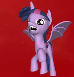 Size: 570x588 | Tagged: safe, derpibooru import, twilight sparkle, twilight sparkle (alicorn), alicorn, pony, unicorn, vampire, vampony, 3d, 3d pony creator, bat wings, evil, evil grin, fangs, female, flying, hilarious in hindsight, looking at you, mare, pony creator 3d, red eyes, render, twibat