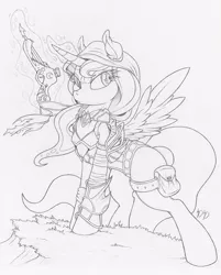 Size: 804x1000 | Tagged: artist:dfectivedvice, crossover, demon hunter, diablo, grayscale, monochrome, princess luna, safe, solo, traditional art