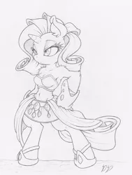 Size: 755x1000 | Tagged: safe, artist:dfectivedvice, derpibooru import, rarity, anthro, unguligrade anthro, armpits, bandeau, belly button, cleavage, clothes, female, grayscale, midriff, monochrome, skirt, solo, traditional art