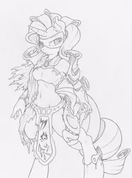 Size: 742x1000 | Tagged: safe, artist:dfectivedvice, derpibooru import, rarity, anthro, unguligrade anthro, belly button, grayscale, monochrome, solo, traditional art