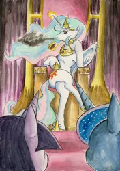 Size: 1632x2323 | Tagged: artist:souleatersaku90, cigar, commission, crossed legs, derpibooru import, fanfic, fanfic art, magic, princess celestia, princess luna, smoking, suggestive, telekinesis, the simple life, traditional art, twilight sparkle, watercolor painting