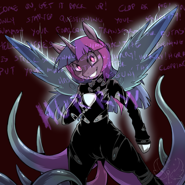 Size: 1280x1280 | Tagged: questionable, artist:cold-blooded-twilight, derpibooru import, twilight sparkle, twilight sparkle (alicorn), alicorn, anthro, cold blooded twilight, derpibooru, alucard, belt, clothes, gloves, glowing eyes, hellsing, meta, nightmare fuel, quote, snaps, straps, tentacles