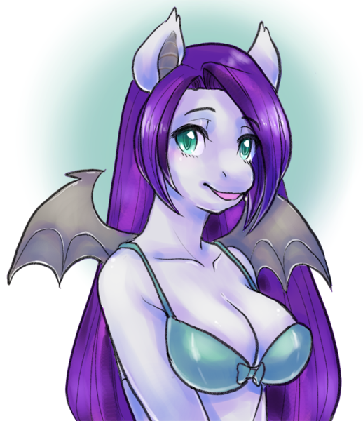 Size: 600x695 | Tagged: suggestive, artist:oriform, derpibooru import, oc, oc:sweet hum, unofficial characters only, anthro, bat pony, anthro oc, bra, breasts, cleavage, clothes, female, solo, solo female, underwear