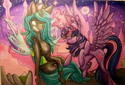 Size: 2699x1836 | Tagged: safe, artist:renvae, derpibooru import, queen chrysalis, twilight sparkle, twilight sparkle (alicorn), alicorn, pony, canterlot, female, fight, gritted teeth, magic, mare, moon, traditional art