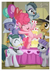 Size: 1021x1417 | Tagged: safe, artist:mysticalpha, derpibooru import, cloudy quartz, igneous rock pie, limestone pie, marble pie, maud pie, pinkie pie, earth pony, pony, balloon, cake, eyes closed, female, filly, male, mare, open mouth, pie family, pie sisters, quartzrock, siblings, sisters, stallion, table, younger