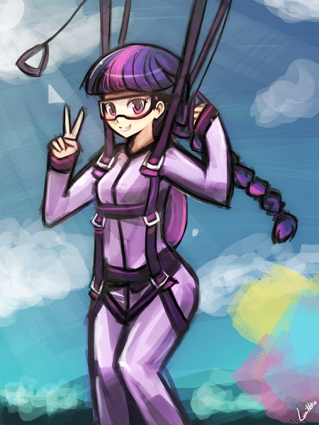 Size: 720x960 | Tagged: air ponyville, artist:lumineko, braid, clothes, derpibooru import, flying, goggles, grin, human, humanized, jumpsuit, looking at you, parachute, peace sign, safe, skydiving, smiling, twilight sparkle