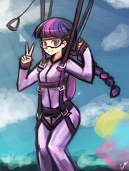 Size: 720x960 | Tagged: air ponyville, artist:lumineko, braid, clothes, derpibooru import, flying, goggles, grin, human, humanized, jumpsuit, looking at you, parachute, peace sign, safe, skydiving, smiling, twilight sparkle