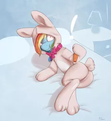 Size: 1700x1850 | Tagged: safe, artist:alasou, deleted from derpibooru, derpibooru import, rainbow dash, :t, animal costume, bunny costume, bunny pajamas, carrot, caught, clothes, cute, dashabetes, frown, hoof hold, looking back, side, solo, wide eyes