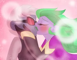 Size: 1131x882 | Tagged: safe, artist:faith-wolff, derpibooru import, mane-iac, human, kaiju, fanfic:the bridge, equestria girls, cute, desu, duo, female, gigan, humanized, kawaii desu, kissing, lipstick, male, shoujo