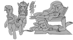 Size: 4098x2234 | Tagged: safe, artist:saddnesspony, derpibooru import, princess cadance, princess celestia, princess luna, queen chrysalis, twilight sparkle, twilight sparkle (alicorn), alicorn, changeling, pony, semi-anthro, alicorn tetrarchy, beach chair, beach towel, bipedal, chair, clothes, lying down, milkshake, monochrome, swimsuit