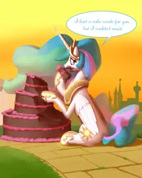 Size: 1600x2000 | Tagged: safe, artist:moonlitbrush, derpibooru import, princess celestia, alicorn, pony, but i eated it, cake, cakelestia, cute, cutelestia, dialogue, eating, female, frown, guilt, looking at you, looking back, mare, messy eating, open mouth, sad, sitting, solo, speech bubble