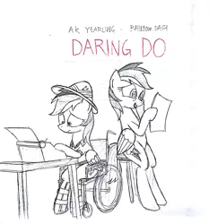 Size: 2152x2212 | Tagged: artist:hyolark, cast, daring do, derpibooru import, misery, parody, pencil drawing, rainbow dash, semi-grimdark, traditional art, typewriter, wheelchair