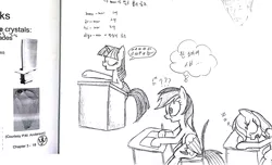 Size: 3244x1968 | Tagged: safe, artist:hyolark, derpibooru import, applejack, rainbow dash, twilight sparkle, twilight sparkle (alicorn), alicorn, pony, book, desk, doodle, female, korean, mare, monochrome, sleeping, sleeping in class, traditional art