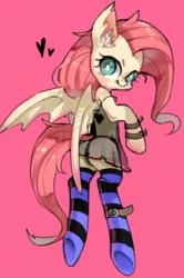 Size: 1110x1669 | Tagged: suggestive, artist:kura, derpibooru import, fluttershy, bat pony, semi-anthro, adorasexy, babydoll, bat ponified, clothes, cute, ear fluff, female, flutterbat, heart, lingerie, looking at you, looking back, looking back at you, looking over shoulder, mare, negligee, panties, pink background, pixiv, race swap, sexy, simple background, socks, solo, solo female, striped socks, thigh highs, thong, underwear