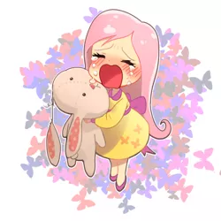 Size: 800x800 | Tagged: artist:quizia, blushing, child, clothes, crying, cute, dress, fluttershy, human, humanized, open mouth, plushie, quizia is trying to murder us, rabbit, sad, sadorable, safe, shyabetes, solo, torn