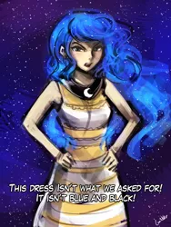 Size: 720x960 | Tagged: artist:lumineko, clothes, derpibooru import, dress, human, humanized, looking at you, meme, moonbutt, praise the moon, princess luna, safe, solo, white and gold or black and blue dress meme