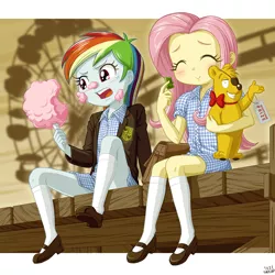 Size: 1000x1000 | Tagged: safe, artist:uotapo, derpibooru import, fluttershy, rainbow dash, equestria girls, 1800s, bag, blushing, clothes, cotton candy, crying, cute, dashabetes, dress, eating, eyes closed, female, ferris wheel, food, gingham, gummy bear, gummy bears, haribo, hug, jacket, kneesocks, mary janes, melody (movie), messy, open mouth, plushie, school uniform, schoolgirl, shoes, shyabetes, sitting, smiling, socks, toy, uniform, uotapo is trying to murder us, younger