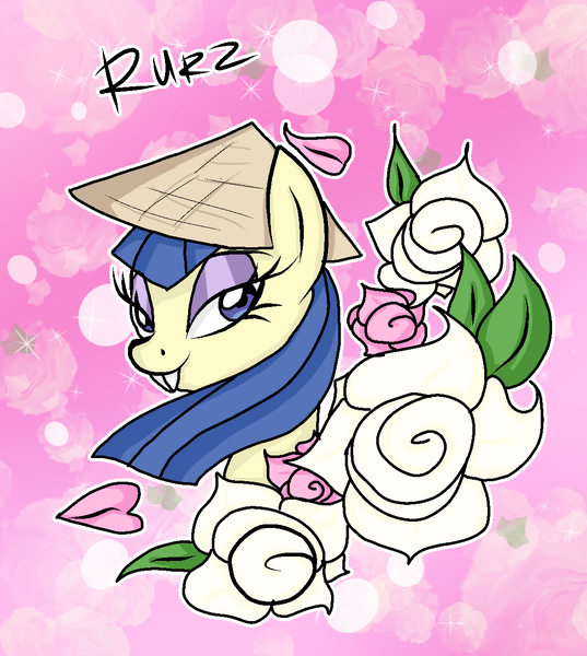 Size: 1092x1220 | Tagged: artist:ruritn, asian, bucktooth, chinese text, conical hat, derpibooru import, flower, hat, powder rouge, racism, rose, safe, solo, stereotype, teeth