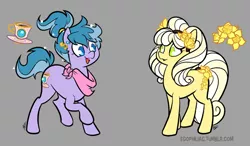 Size: 900x526 | Tagged: safe, artist:egophiliac, derpibooru import, march daffodil, march mischief, earth pony, pony, birthmonth ponies, clothes, cutie mark, ear piercing, g3, g3 to g4, generation leap, gray background, looking at each other, open mouth, piercing, raised hoof, scarf, simple background, smiling