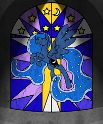 Size: 1250x1500 | Tagged: artist:ahaintthatbad, derpibooru import, eyes closed, flying, princess luna, safe, solo, stained glass