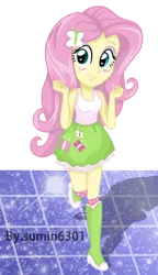 Size: 1308x2273 | Tagged: safe, artist:sumin6301, derpibooru import, fluttershy, equestria girls, blushing, boots, breasts, clothes, dancing, female, high heel boots, raised leg, simple background, skirt, socks, solo, tanktop, transparent background, vector