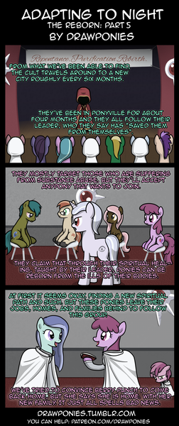 Size: 850x2020 | Tagged: safe, artist:drawponies, artist:terminuslucis, derpibooru import, berry punch, berryshine, lyra heartstrings, ruby pinch, vinyl scratch, oc, earth pony, pony, unicorn, comic:adapting to night, comic:adapting to night: the reborn, comic, cult