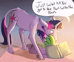 Size: 1280x1065 | Tagged: safe, artist:imsokyo, derpibooru import, spike, twilight sparkle, classical unicorn, dragon, pony, unicorn, daily life of spike, book, cloven hooves, dialogue, facebook, facebooking, female, floppy ears, fluffy, hoers, leg fluff, leonine tail, literal, male, mare, prone, reading, speech bubble, the birds and the bees, the talk, unicorn twilight, unshorn fetlocks