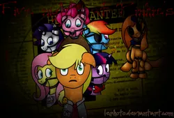 Size: 1024x691 | Tagged: animatronic, applefreddy, applefreddy fazjack's pizzeria, applejack, artist:lerkoto, creepy, crossover, derpibooru import, five nights at aj's, five nights at aj's 2, five nights at freddy's, flutterchica, fluttershy, pinkie pie, rainbow dash, rarionette, rarity, robot, safe, spike, twilight sparkle