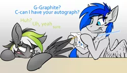 Size: 2552x1467 | Tagged: safe, artist:kez, derpibooru import, oc, oc:graphite sketch, oc:sapphire sights, unofficial characters only, pegasus, pony, autograph, ear piercing, eyebrow piercing, eyeroll, fangasm, fangirling, female, fluffy, frown, lip piercing, male, mare, open mouth, pencil, piercing, squee, stallion, style emulation, torn, unamused, wing fluff, wing hands