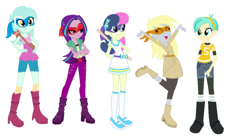 Size: 1090x624 | Tagged: safe, artist:berrypunchrules, derpibooru import, aria blaze, bon bon, derpy hooves, lyra heartstrings, sweetie drops, tennis match, equestria girls, alternate costumes, alternate hairstyle, april o'neil, background human, cosplay, crossover, donatello, leonardo, loose hair, michelangelo, raphael, teenage mutant ninja turtles, tmnt 2012