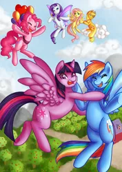 Size: 742x1050 | Tagged: safe, artist:bumblebun, derpibooru import, applejack, fluttershy, pinkie pie, rainbow dash, rarity, twilight sparkle, twilight sparkle (alicorn), alicorn, earth pony, pegasus, pony, unicorn, apple tree, balloon, cloud, eyes closed, female, floating, flying, flying lesson, glimmer wings, mane six, mare, open mouth, smiling, then watch her balloons lift her up to the sky, tree