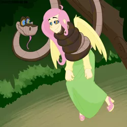 Size: 900x900 | Tagged: artist:tralalayla, clothes, coils, crossover, derpibooru import, fluttershy, human, humanized, hypnosis, hypnotized, imminent vore, kaa, kaa eyes, long skirt, mind control, peril, safe, shoes, skirt, snake, winged humanization