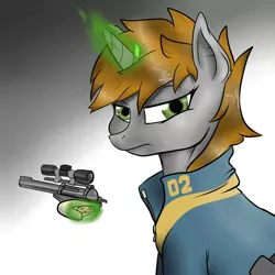 Size: 894x894 | Tagged: safe, artist:slouping, derpibooru import, oc, oc:littlepip, unofficial characters only, pony, unicorn, fallout equestria, fanfic, fanfic art, female, glowing horn, gradient background, gun, handgun, horn, levitation, little macintosh, looking at you, magic, mare, optical sight, portrait, revolver, simple background, solo, telekinesis, unhappy, vault suit, weapon