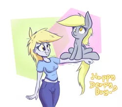 Size: 800x700 | Tagged: safe, artist:heir-of-rick, derpibooru import, derpy hooves, pegasus, pony, equestria girls, behaving like a bird, cute, derpabetes, derpy day, derpy day 2015, human ponidox, impossibly large ears, midriff, square crossover