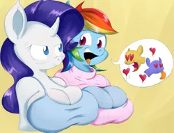 Size: 3221x2455 | Tagged: anthro, artist:graphenescloset, artist:purple-yoshi-draws, big breasts, breasts, busty rainbow dash, busty rarity, cleavage, clothes, cross-popping veins, derpibooru import, female, huge breasts, impossibly large breasts, keyhole turtleneck, open-chest sweater, rainbow dash, rarity, suggestive, sweater, turtleneck