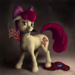 Size: 1244x1245 | Tagged: apple bloom, artist:bluespaceling, blood, brand, branding, branding iron, cape, clothes, crying, cutie mark, filly, grimdark, grin, impatient, iron, ouch, realistic, self harm, sexy, tears of joy, tears of pain