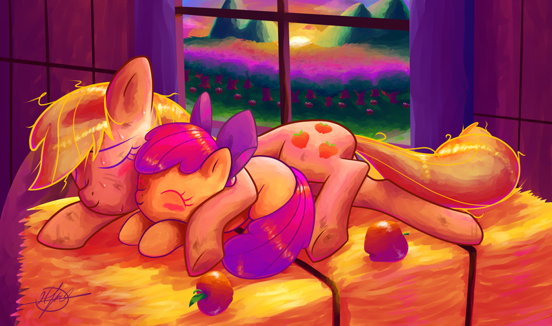 Size: 1920x1136 | Tagged: adorabloom, apple, applebetes, apple bloom, applejack, artist:halem1991, cute, derpibooru import, jackabetes, safe, sisters, sleeping, snuggling