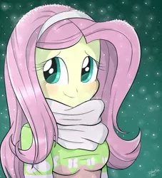 Size: 960x1056 | Tagged: safe, artist:riouku, derpibooru import, fluttershy, equestria girls, blushing, clothes, cute, earmuffs, female, scarf, shyabetes, snow, snowfall, solo, winter