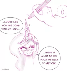 Size: 3408x3598 | Tagged: suggestive, artist:nadvgia, derpibooru import, princess celestia, pony, princess molestia, bedroom eyes, blushing, drawn into existence, grin, hand, magical unicorn mayonnaise, pen, smiling, stylus, sweatdrop