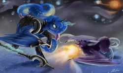 Size: 5000x3000 | Tagged: safe, artist:silfoe, derpibooru import, princess luna, alicorn, pony, royal sketchbook, armor, beast, dream walker luna, dreamscape, female, fight, fireball, glare, glowing horn, looking at each other, magic, mare, monster, polearm, spread wings, staff, tail wrap, telekinesis, warrior luna, weapon, wings, winter