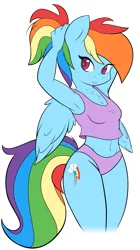 Size: 1073x1920 | Tagged: anthro, armpits, artist:ambris, artist:arianfis, belly button, clothes, colored, derpibooru import, edit, female, multiple variants, panties, pegasus, pink underwear, ponytail, rainbow dash, short shirt, simple background, smiling, solo, suggestive, tanktop, underwear, vector, white background