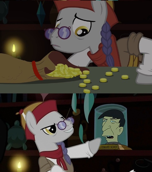 Size: 1006x1138 | Tagged: safe, derpibooru import, edit, edited screencap, screencap, uncle curio, pony, magic duel, comic, disembodied head, futurama, head in a jar, leonard nimoy, male, stallion