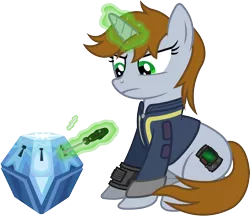 Size: 2054x1775 | Tagged: safe, artist:outlawedtofu, derpibooru import, oc, oc:littlepip, unofficial characters only, pony, unicorn, fallout equestria, fanfic, clothes, fanfic art, female, frown, glare, glowing horn, hooves, horn, levitation, lockpicking, magic, mare, mystery box of plot importance, pipbuck, screwdriver, simple background, sitting, solo, telekinesis, transparent background, vault suit, vector