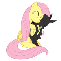 Size: 1024x1024 | Tagged: safe, artist:xyotic, derpibooru import, fluttershy, changeling, pegasus, pony, cuddling, cute, cuteling, eyes closed, hug, shyabetes, simple background, smiling, snuggling, spooning, transparent background, vector