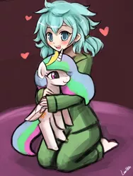 Size: 720x960 | Tagged: artist:lumineko, asada shino, barefoot, blushing, clothes, derpibooru import, excited, feet, heart, human, open mouth, pajamas, plushie, princess celestia, safe, sinon, sword art online