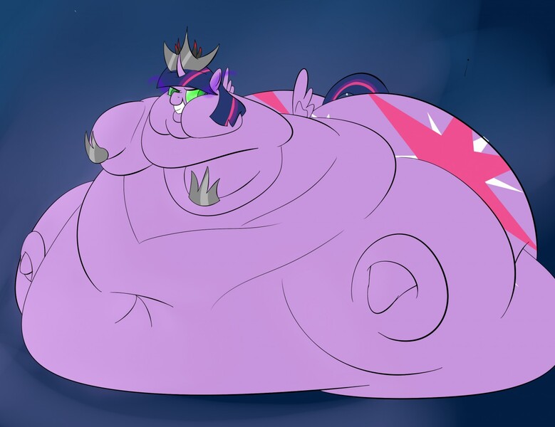 Size: 1280x986 | Tagged: questionable, artist:astr0zone, derpibooru import, twilight sparkle, twilight sparkle (alicorn), alicorn, pony, blob, corrupted, corrupted twilight sparkle, dark magic, evil, evil grin, fat, female, glowing eyes, magic, mare, morbidly obese, obese, queen twilard, queen twilight, solo, solo female, sombra eyes, twilard sparkle