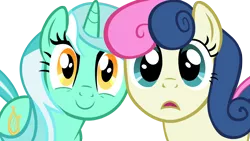 Size: 3842x2162 | Tagged: safe, artist:scotch208, derpibooru import, bon bon, lyra heartstrings, sweetie drops, earth pony, pony, unicorn, .psd available, bon bon is not amused, duo, fourth wall, fourth wall ponies, looking at you, open mouth, simple background, smiling, transparent background, vector, wide eyes